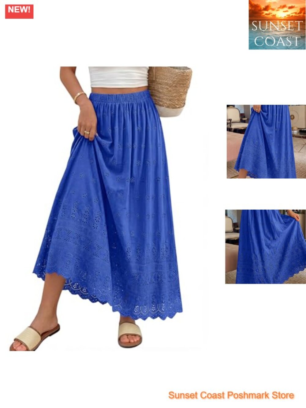 Maxi Skirt Cute Elastic High Waist Boho Eyelet A-Line Cotton Flowy Long Skirts